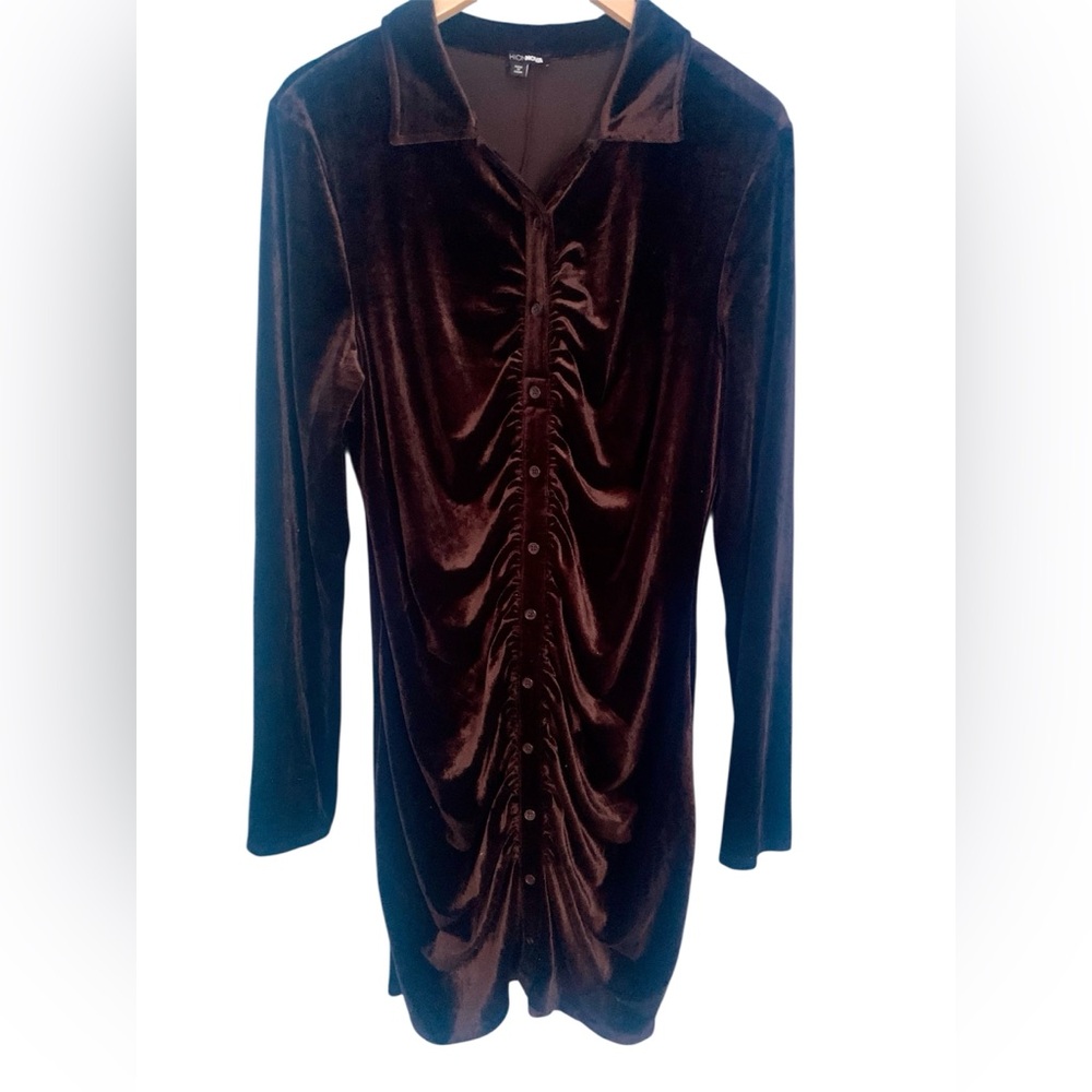 Fashion Nova Brown Velvet Ruched Button Up Long Sleeve Dress Size 2X